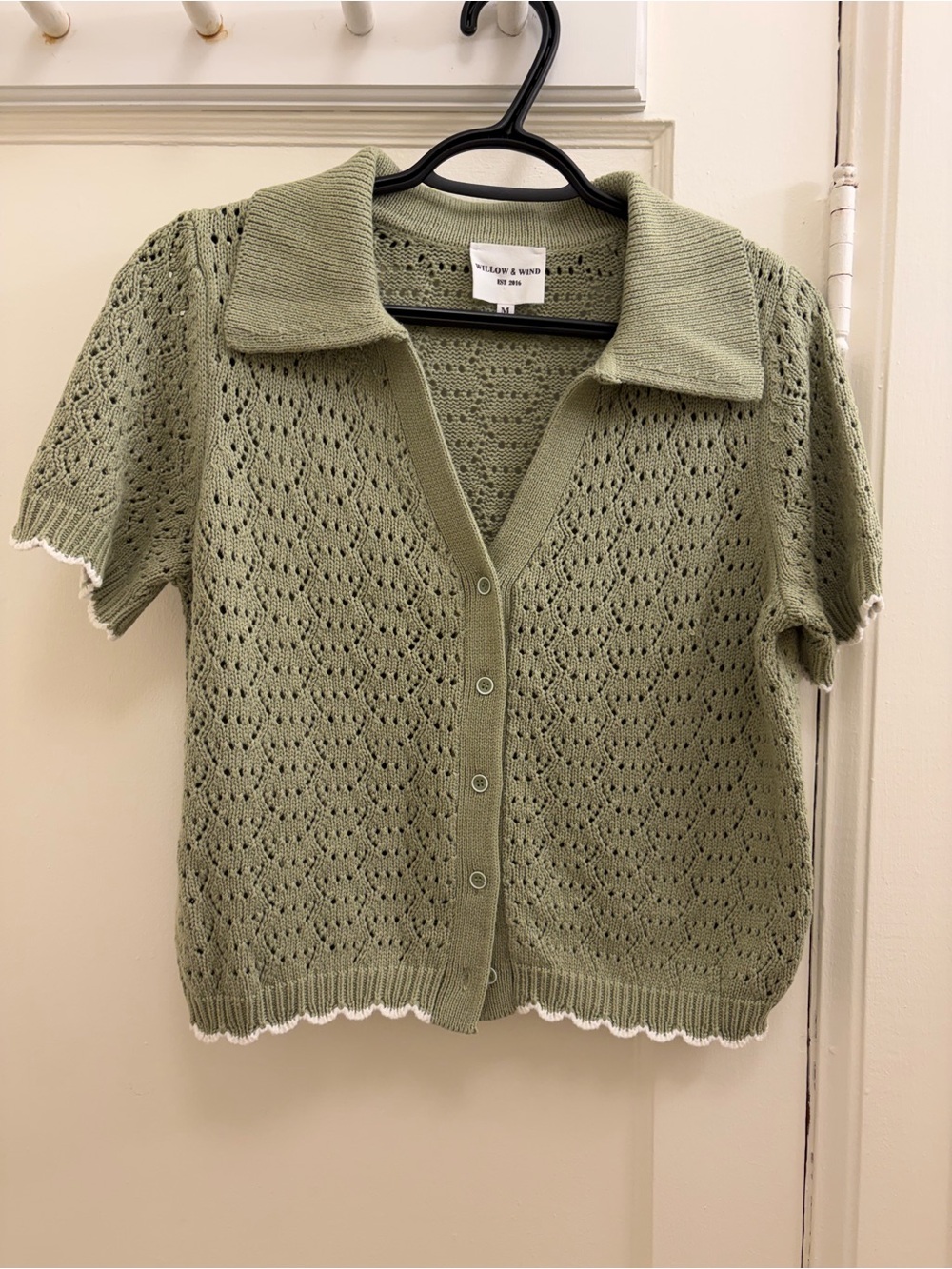 Willow & Wind Olive Green Open-Knit Button Cardigan